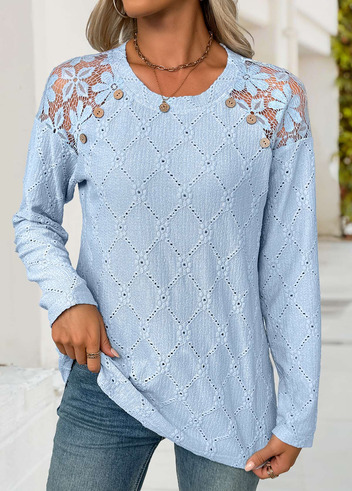 Light Blue Long Sleeve Round Neck T Shirt