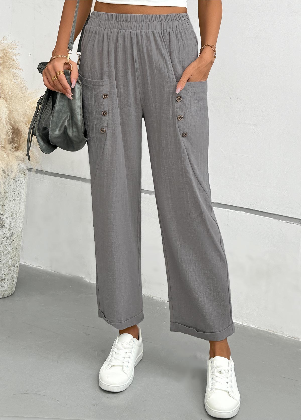 Light Grey Straight Leg Elastic Waist Mid Waisted Pants