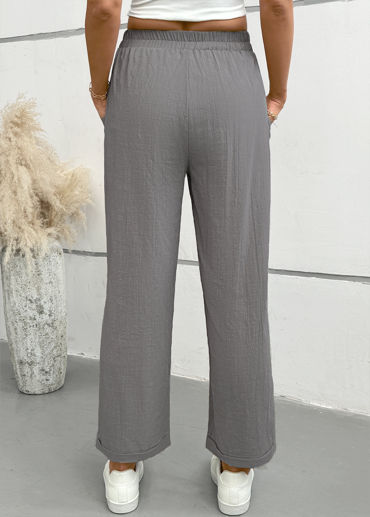 Light Grey Straight Leg Elastic Waist Mid Waisted Pants