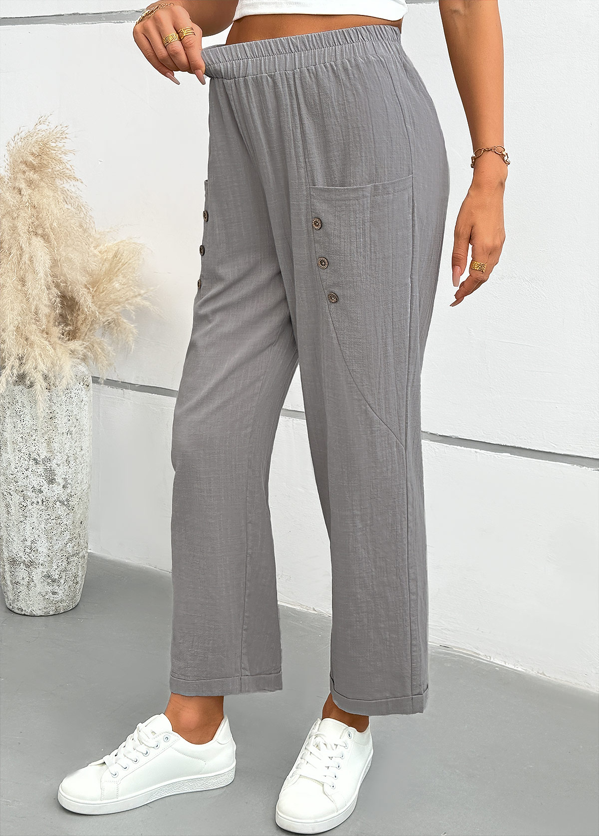 Light Grey Straight Leg Elastic Waist Mid Waisted Pants