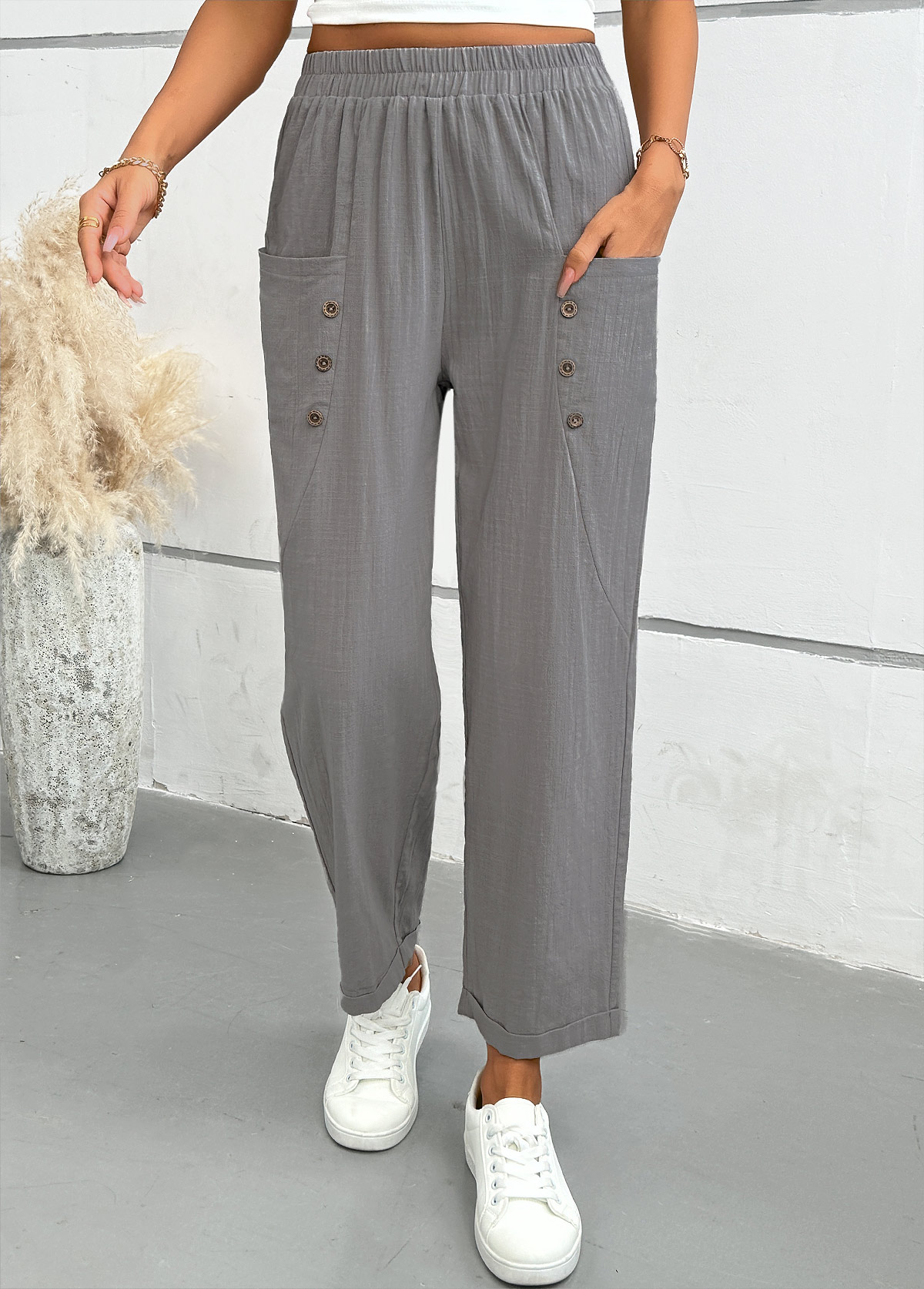 Light Grey Straight Leg Elastic Waist Mid Waisted Pants