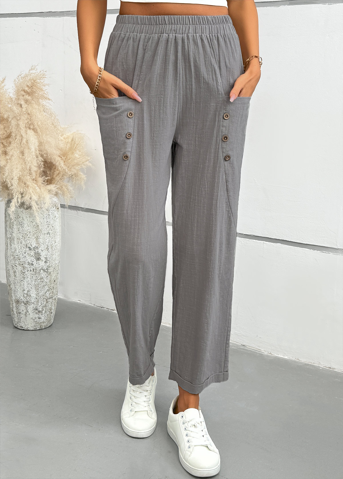 Light Grey Straight Leg Elastic Waist Mid Waisted Pants