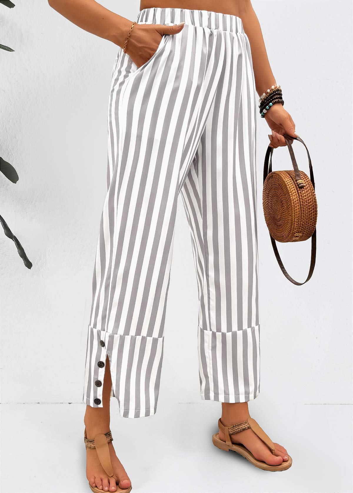Striped Light Grey Elastic Waist Mid Waisted Pants