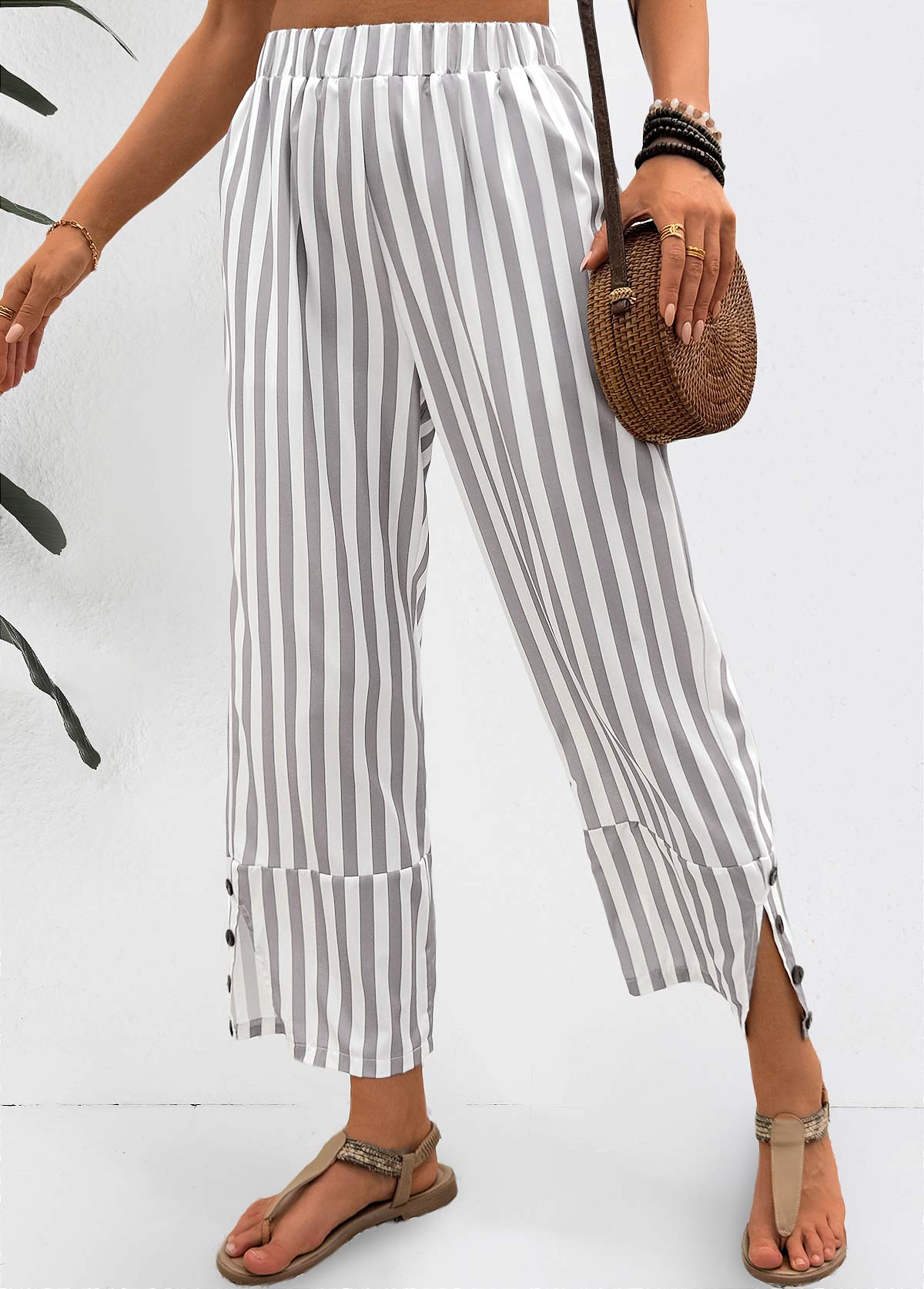 Striped Light Grey Elastic Waist Mid Waisted Pants