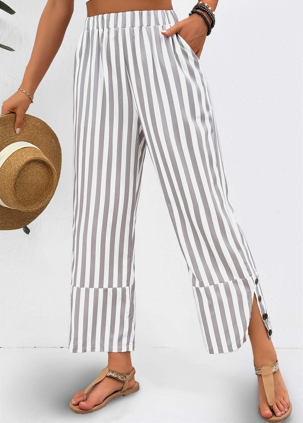 Striped Light Grey Elastic Waist Mid Waisted Pants