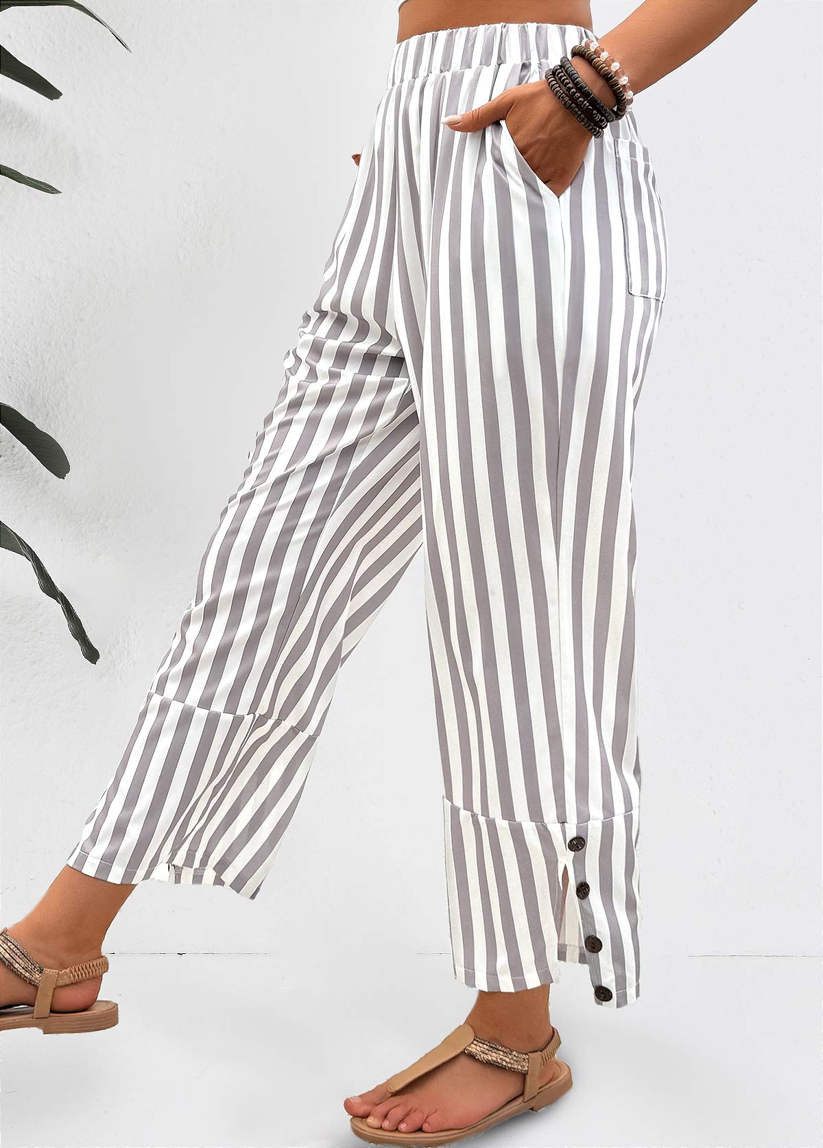 Striped Light Grey Elastic Waist Mid Waisted Pants