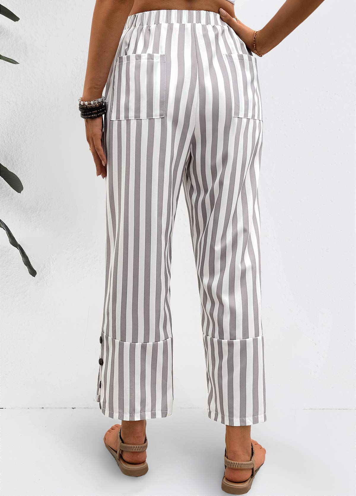 Striped Light Grey Elastic Waist Mid Waisted Pants