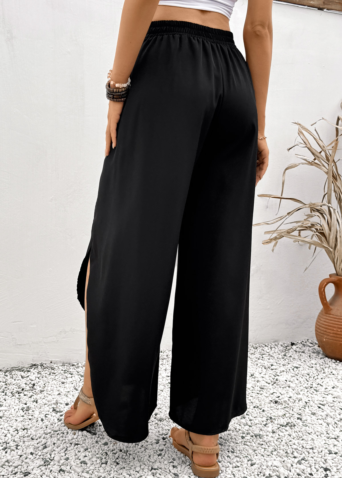 Black Flare Leg Elastic Waist High Waisted Pants