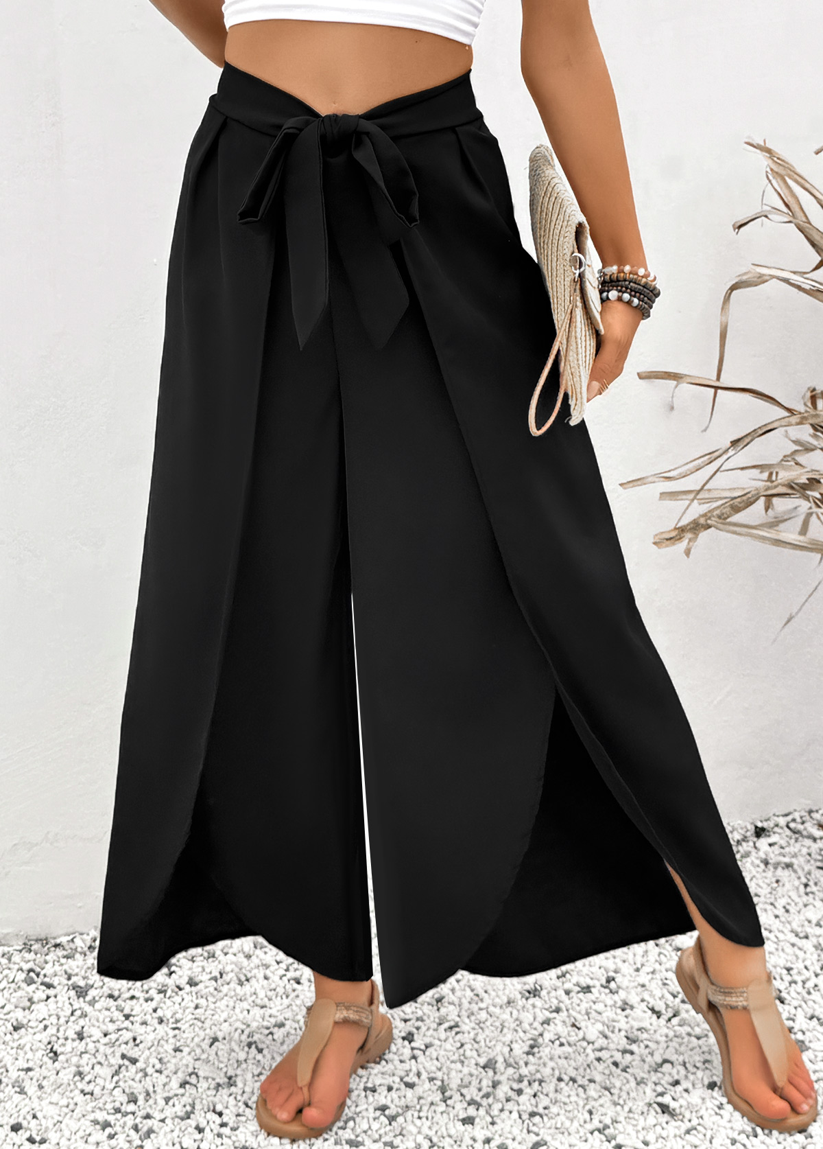 Black Flare Leg Elastic Waist High Waisted Pants