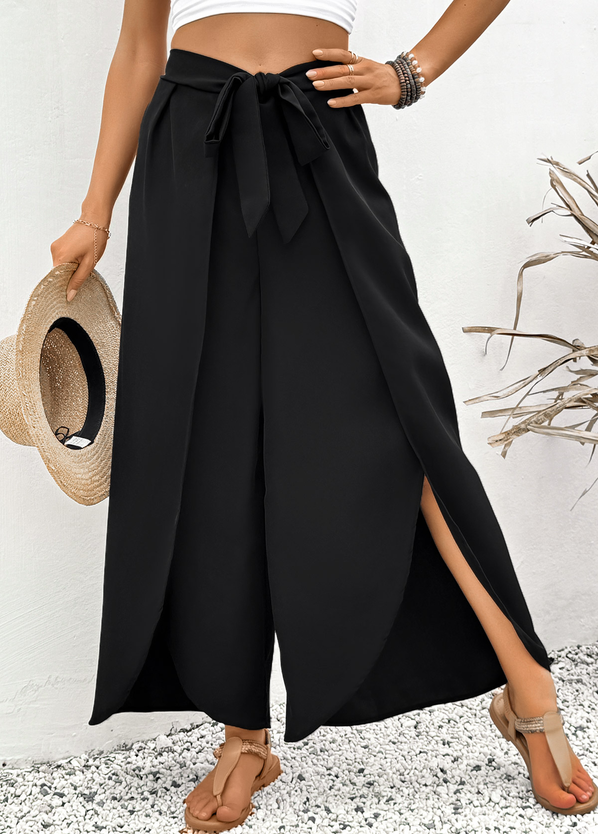 Black Flare Leg Elastic Waist High Waisted Pants