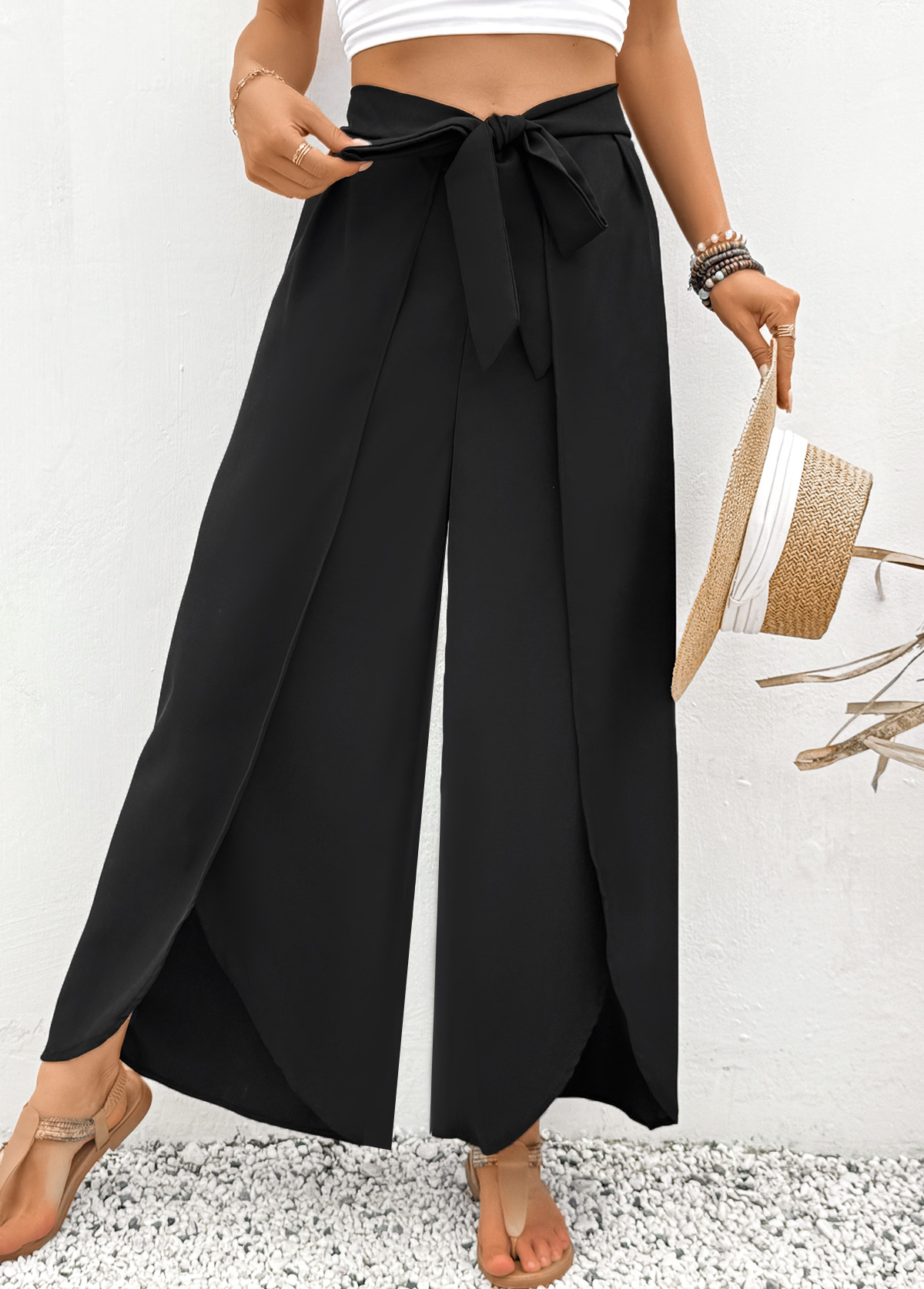 Black Flare Leg Elastic Waist High Waisted Pants