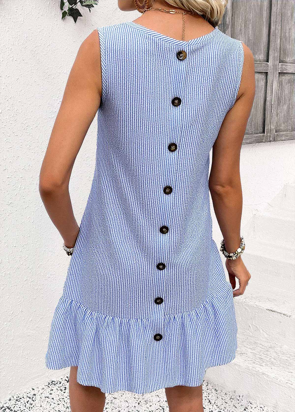 Striped Blue Sleeveless V Neck Dress