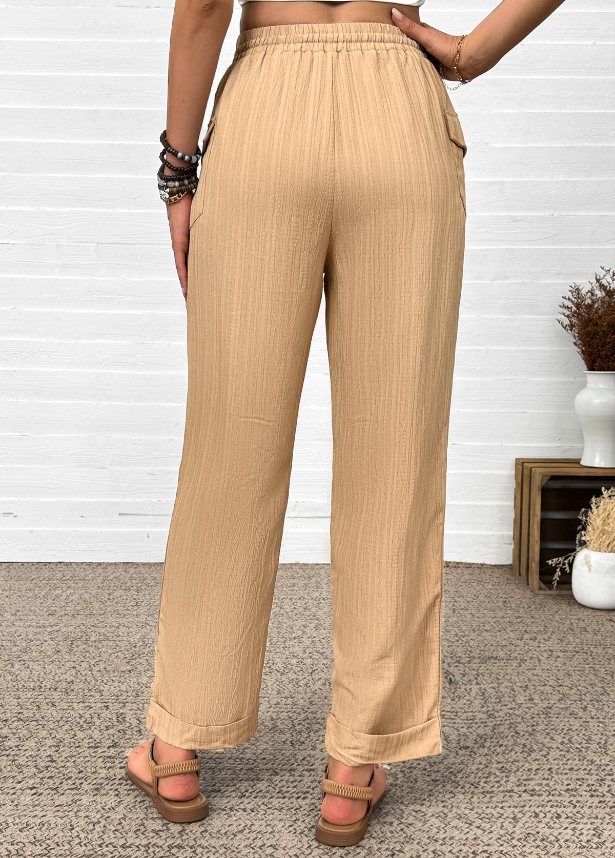 Dark Camel Straight Leg Elastic Waist High Waisted Pants