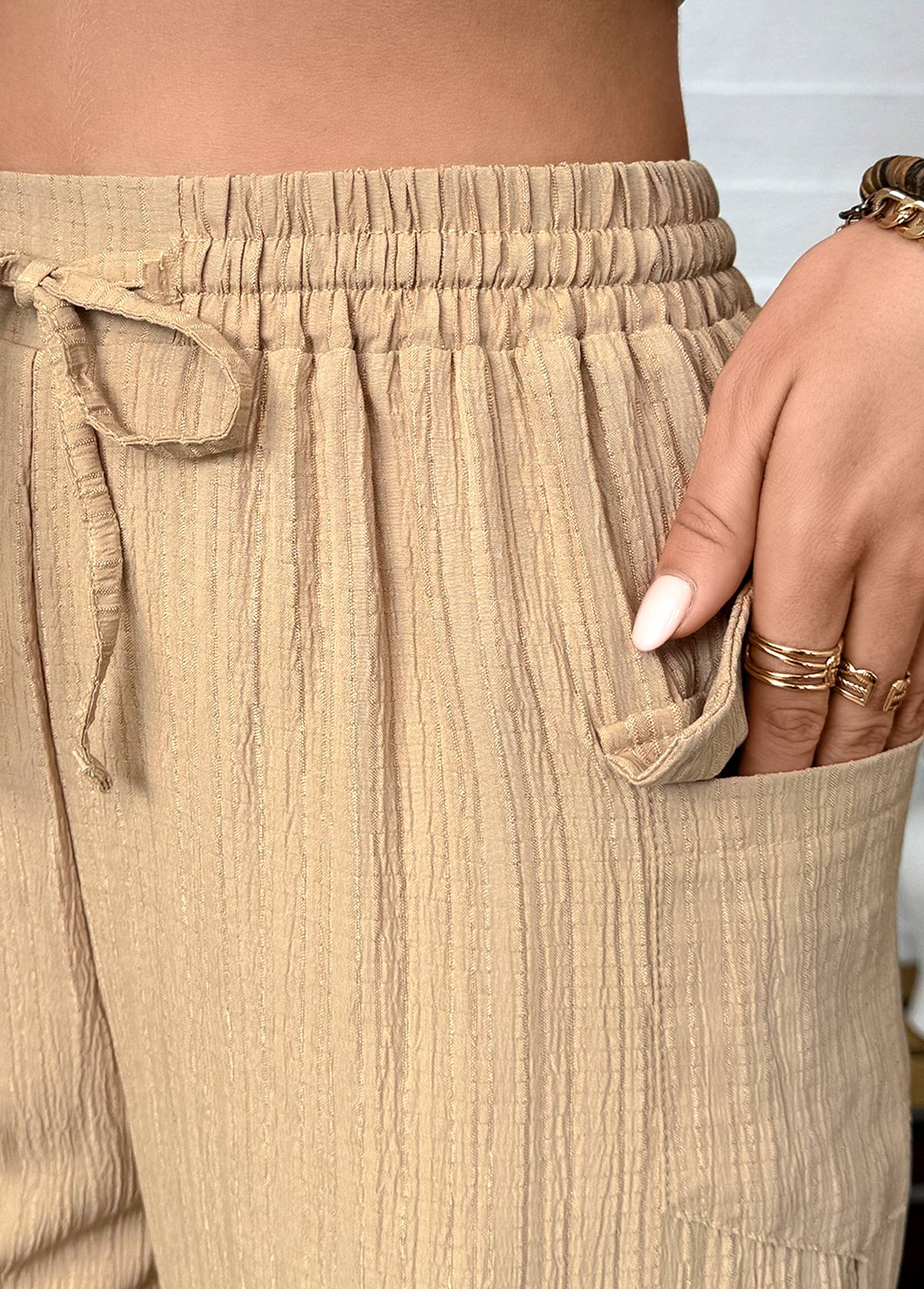 Dark Camel Straight Leg Elastic Waist High Waisted Pants