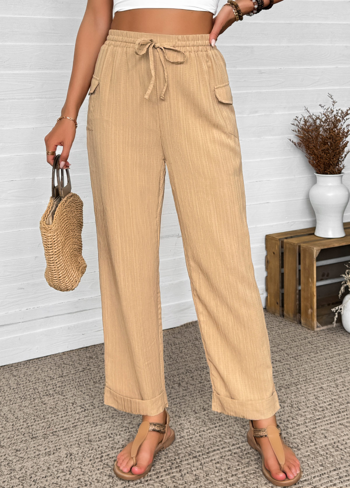 Dark Camel Straight Leg Elastic Waist High Waisted Pants