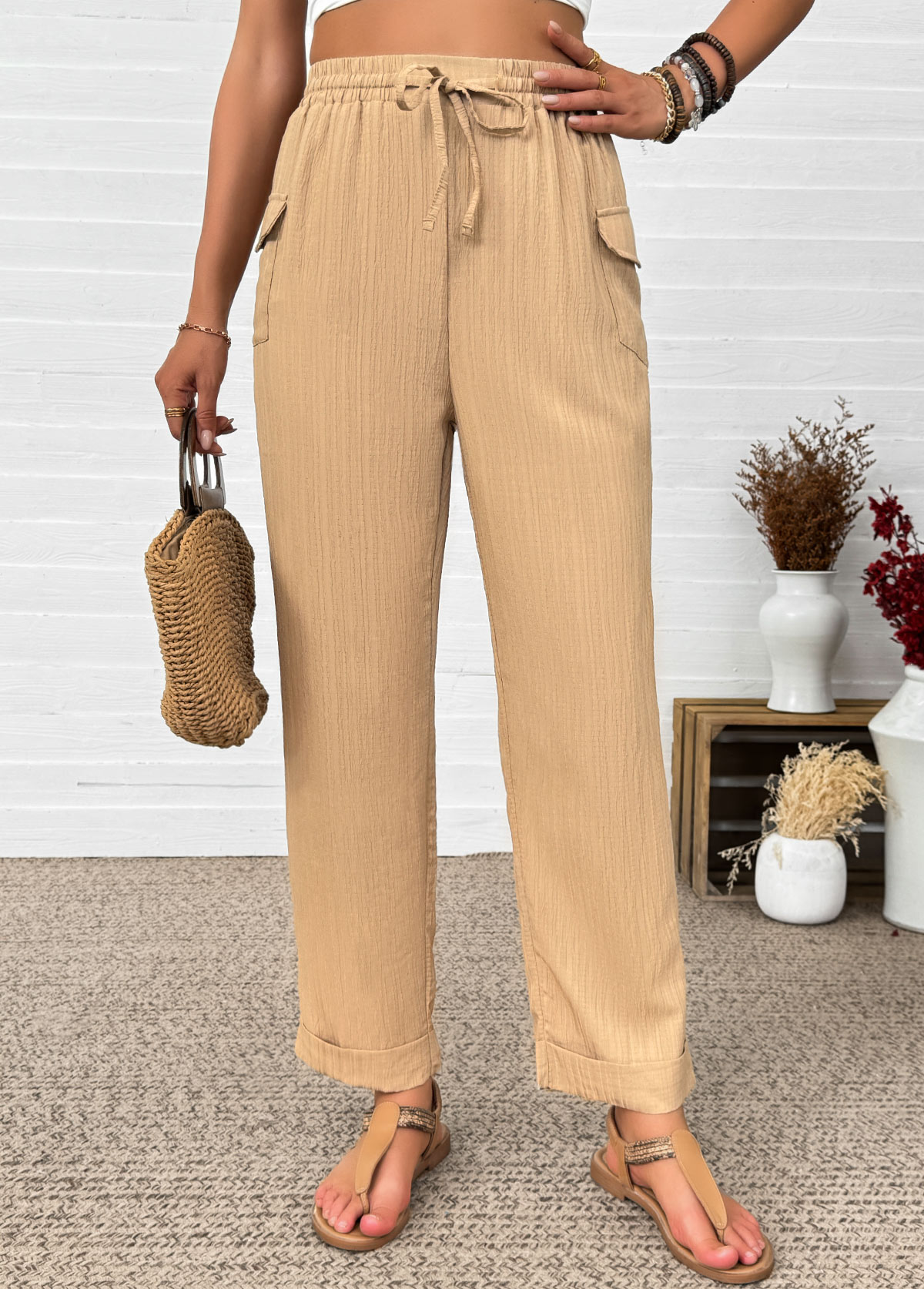 Dark Camel Straight Leg Elastic Waist High Waisted Pants