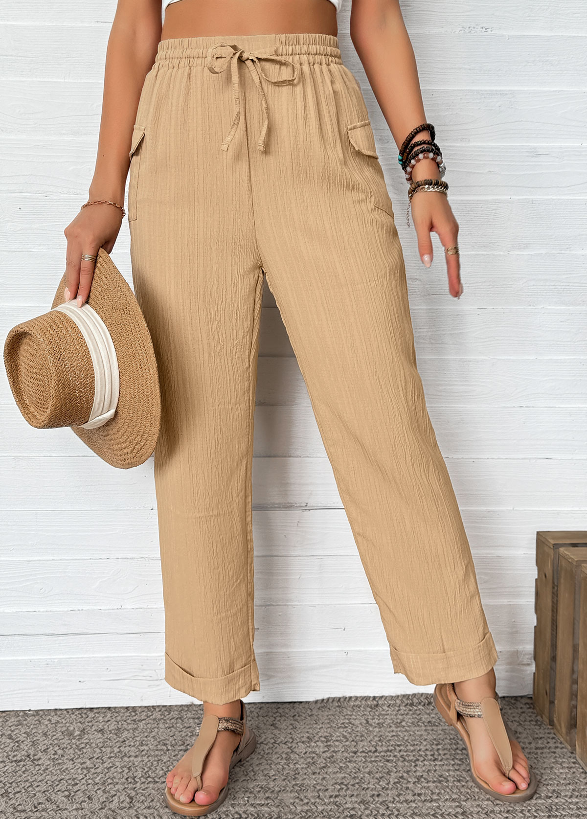 Dark Camel Straight Leg Elastic Waist High Waisted Pants
