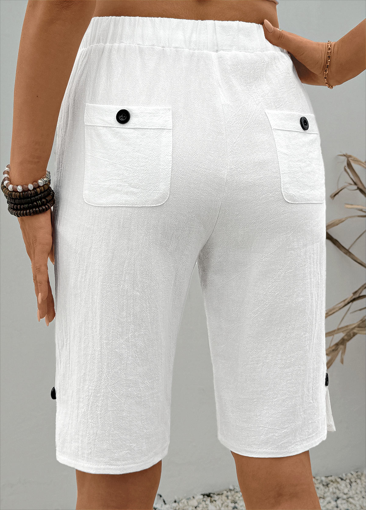 White Straight Leg Elastic Waist High Waisted Shorts