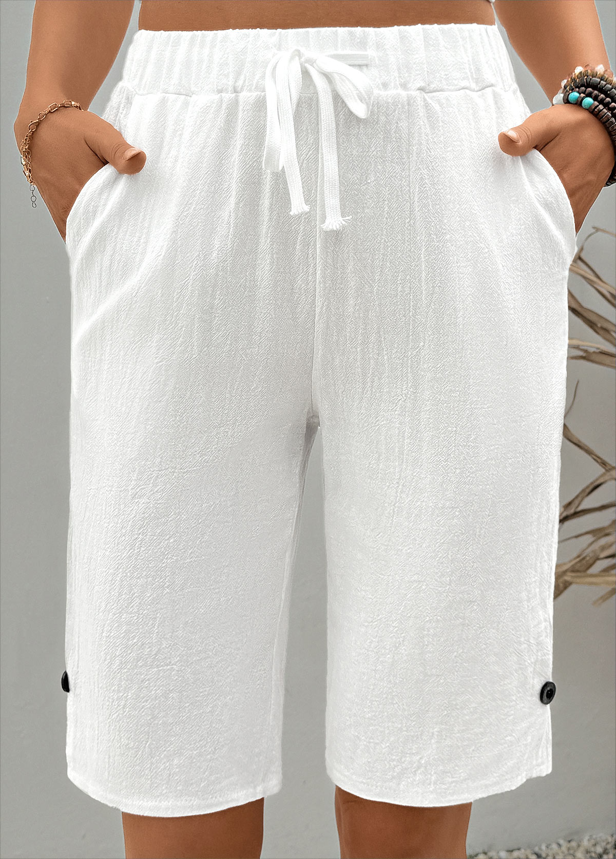 White Straight Leg Elastic Waist High Waisted Shorts
