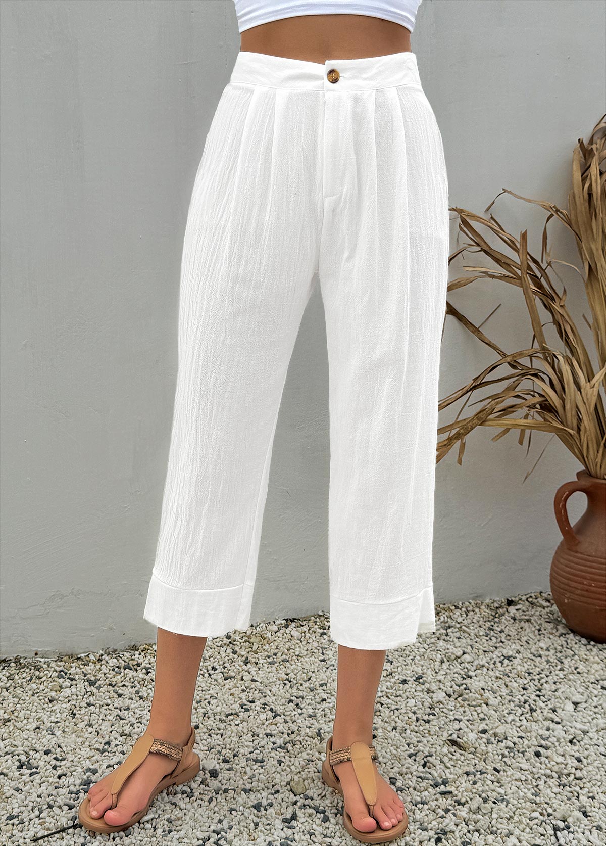 White Button Fly High Waisted Pants