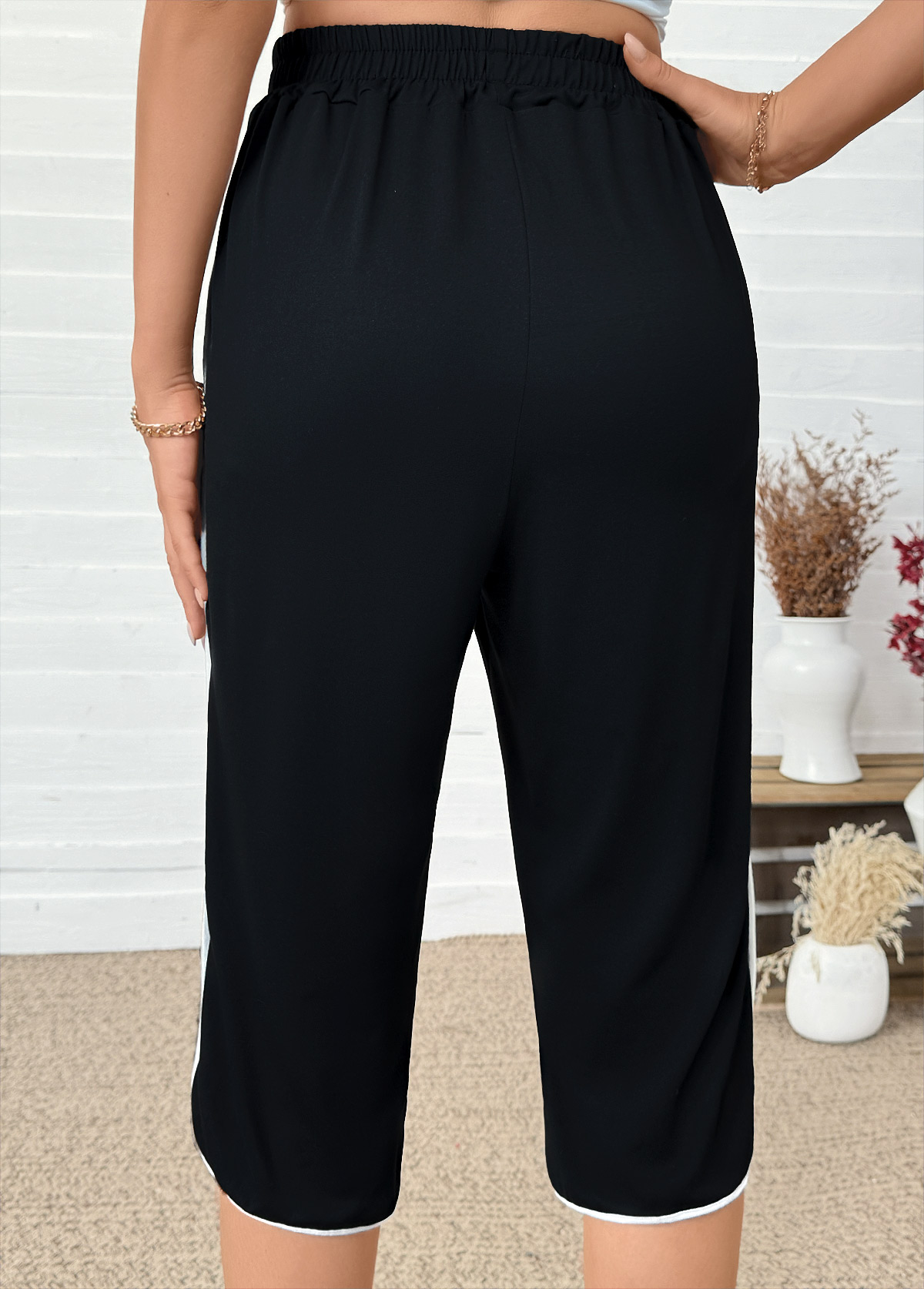 Black Straight Leg Elastic Waist High Waisted Pants