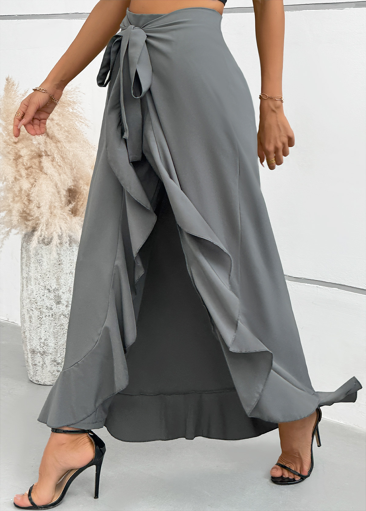 Grey Wide Leg Elastic Waist Mid Waisted Pants