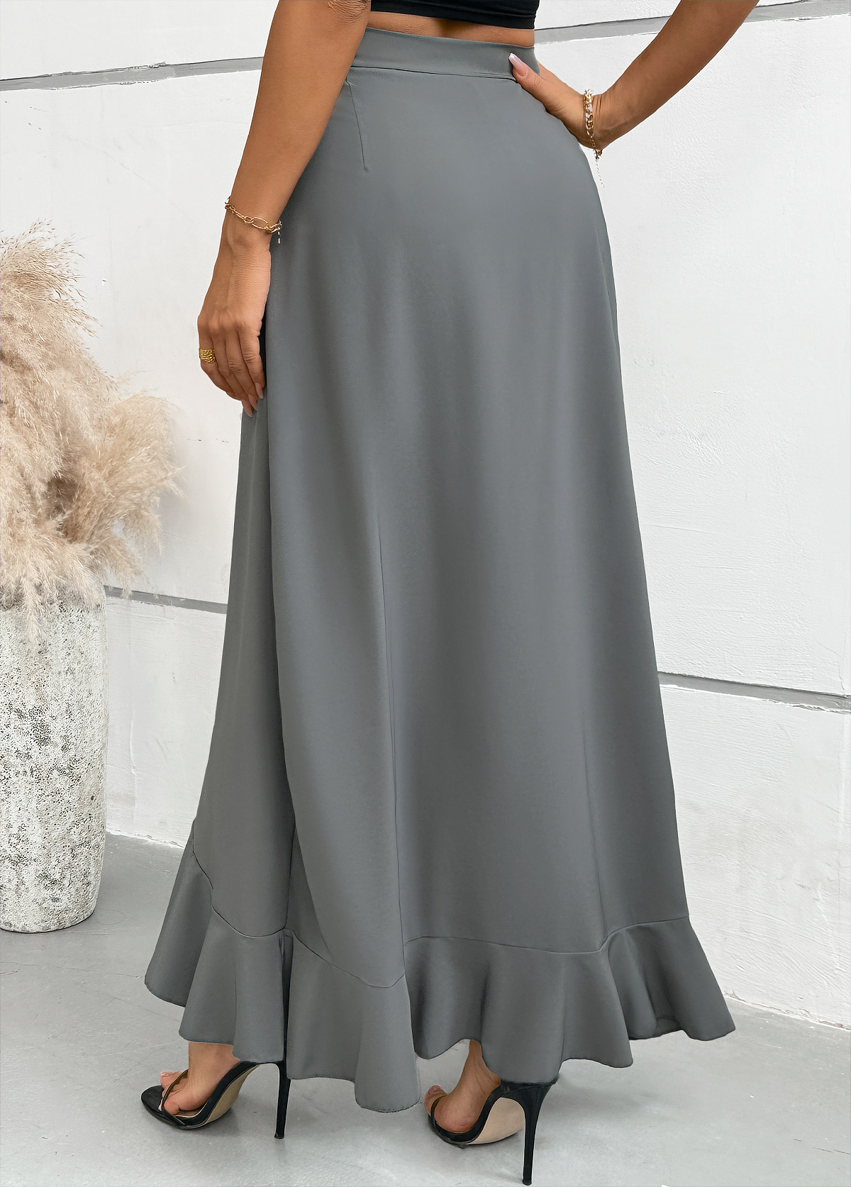 Grey Wide Leg Elastic Waist Mid Waisted Pants