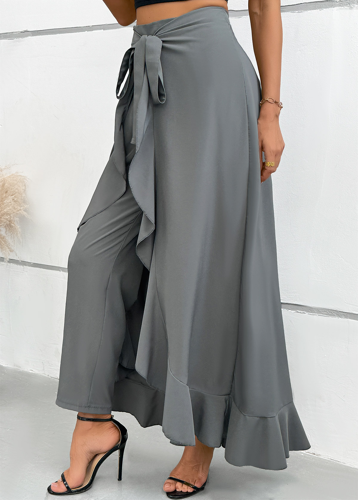 Grey Wide Leg Elastic Waist Mid Waisted Pants