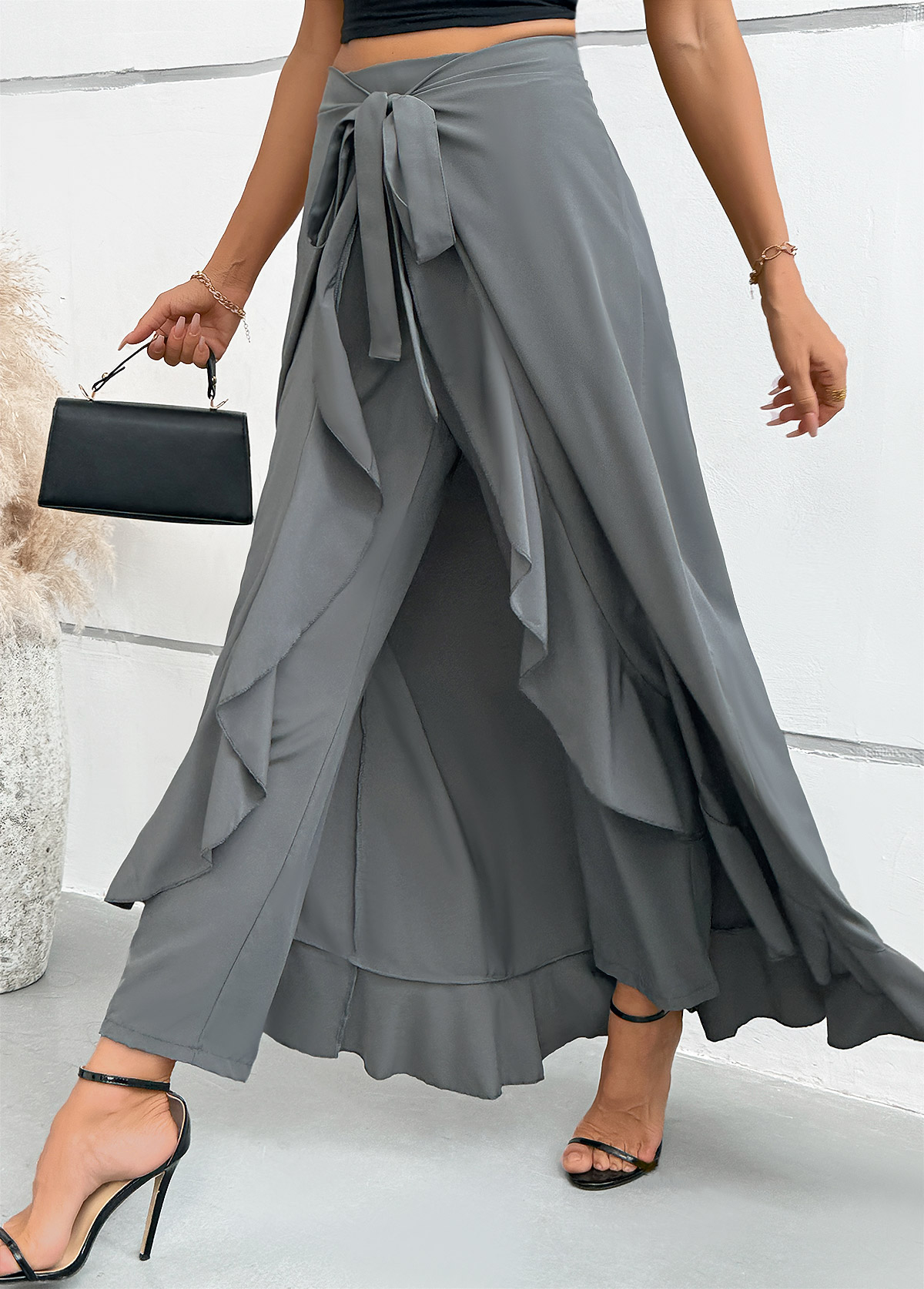 Grey Wide Leg Elastic Waist Mid Waisted Pants