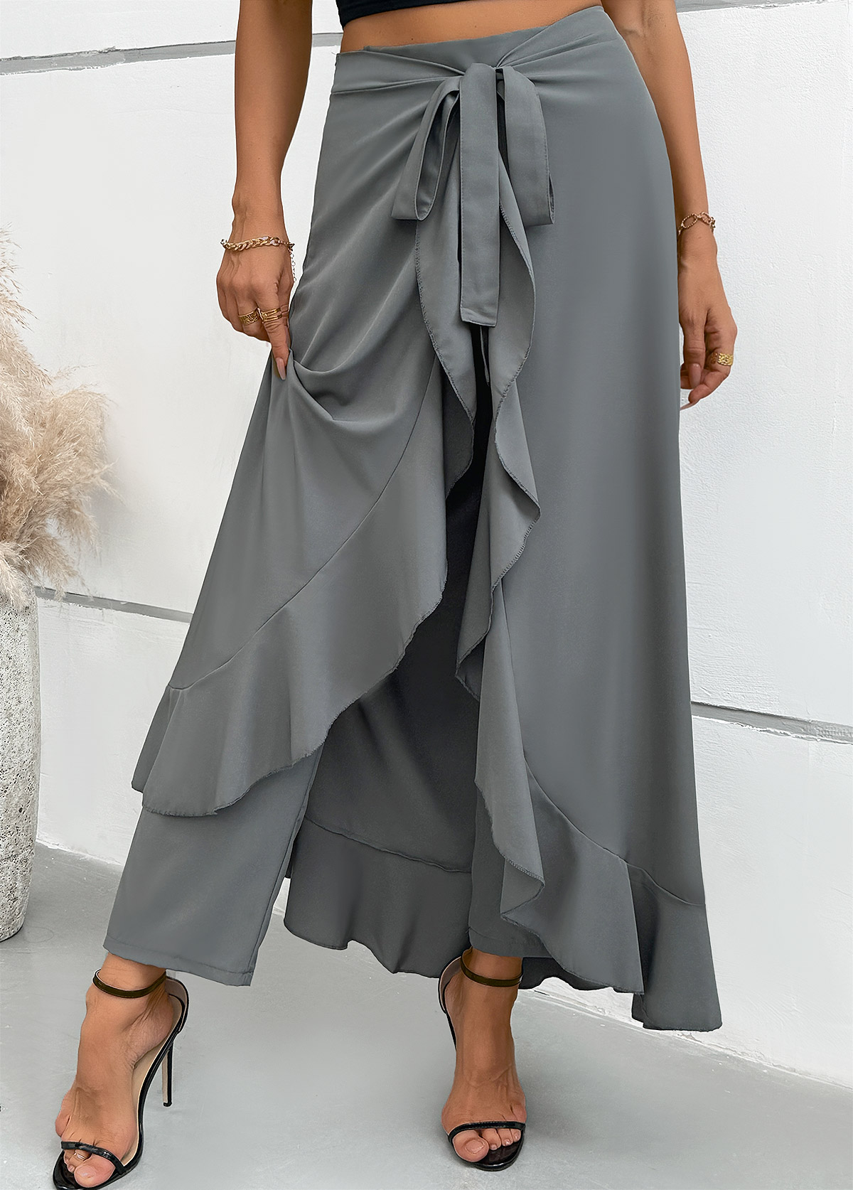 Grey Wide Leg Elastic Waist Mid Waisted Pants