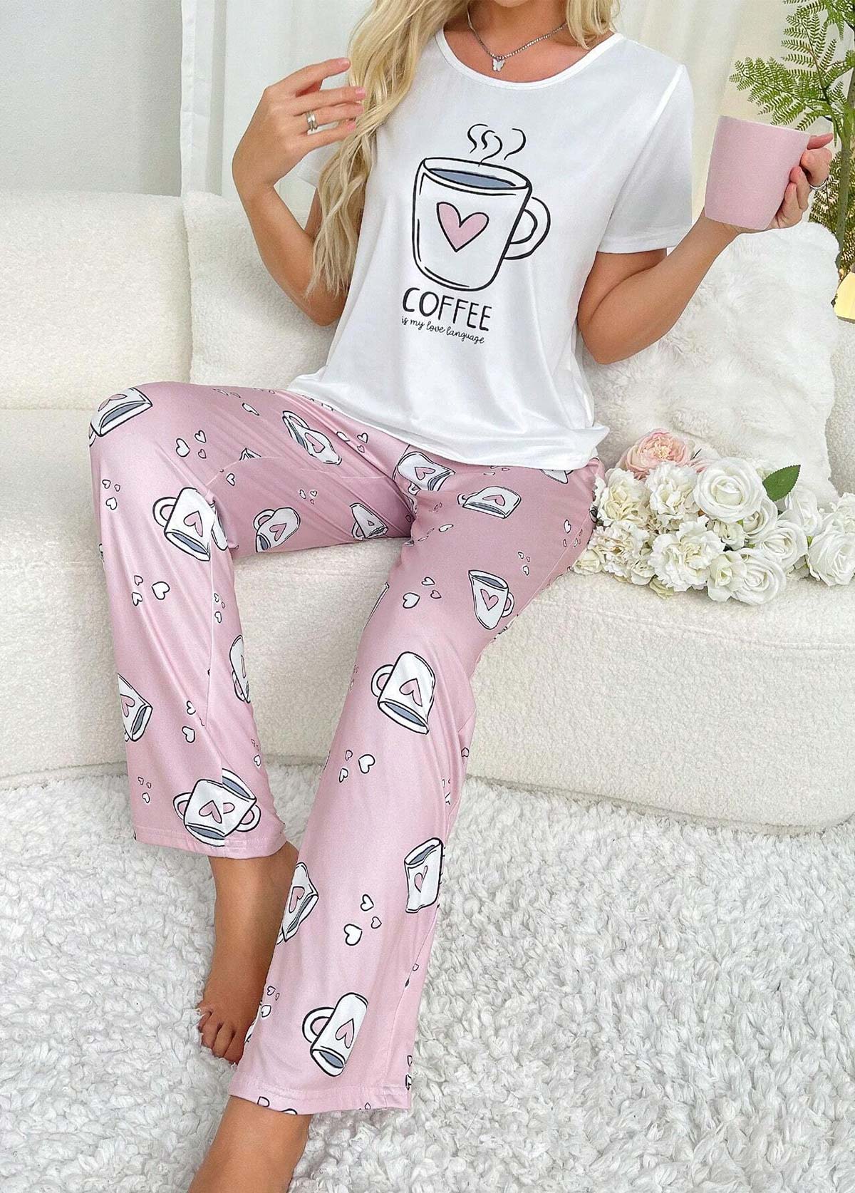 Pink Round Neck Short Sleeve Lounge Top and Pants