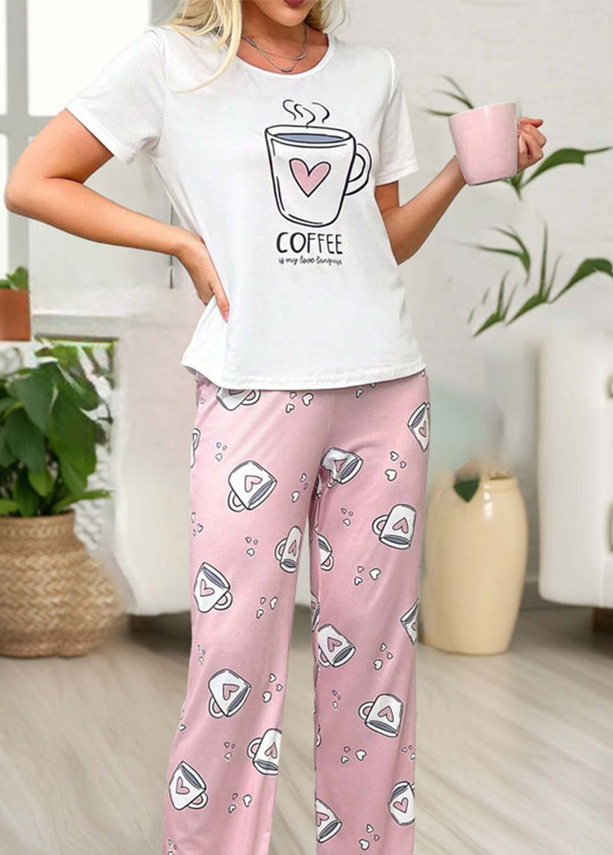 Pink Round Neck Short Sleeve Lounge Top and Pants