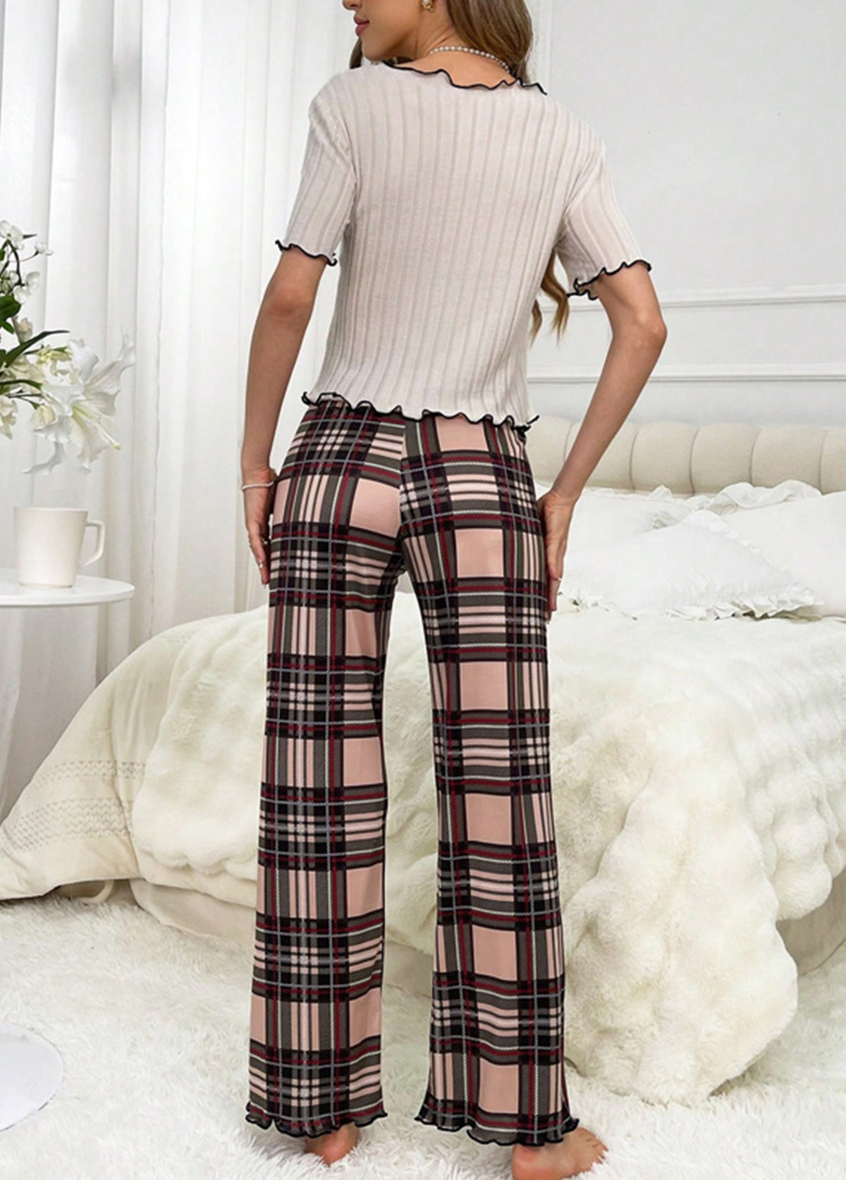 Plaid Light Coffee Round Neck Lounge Top and Pants