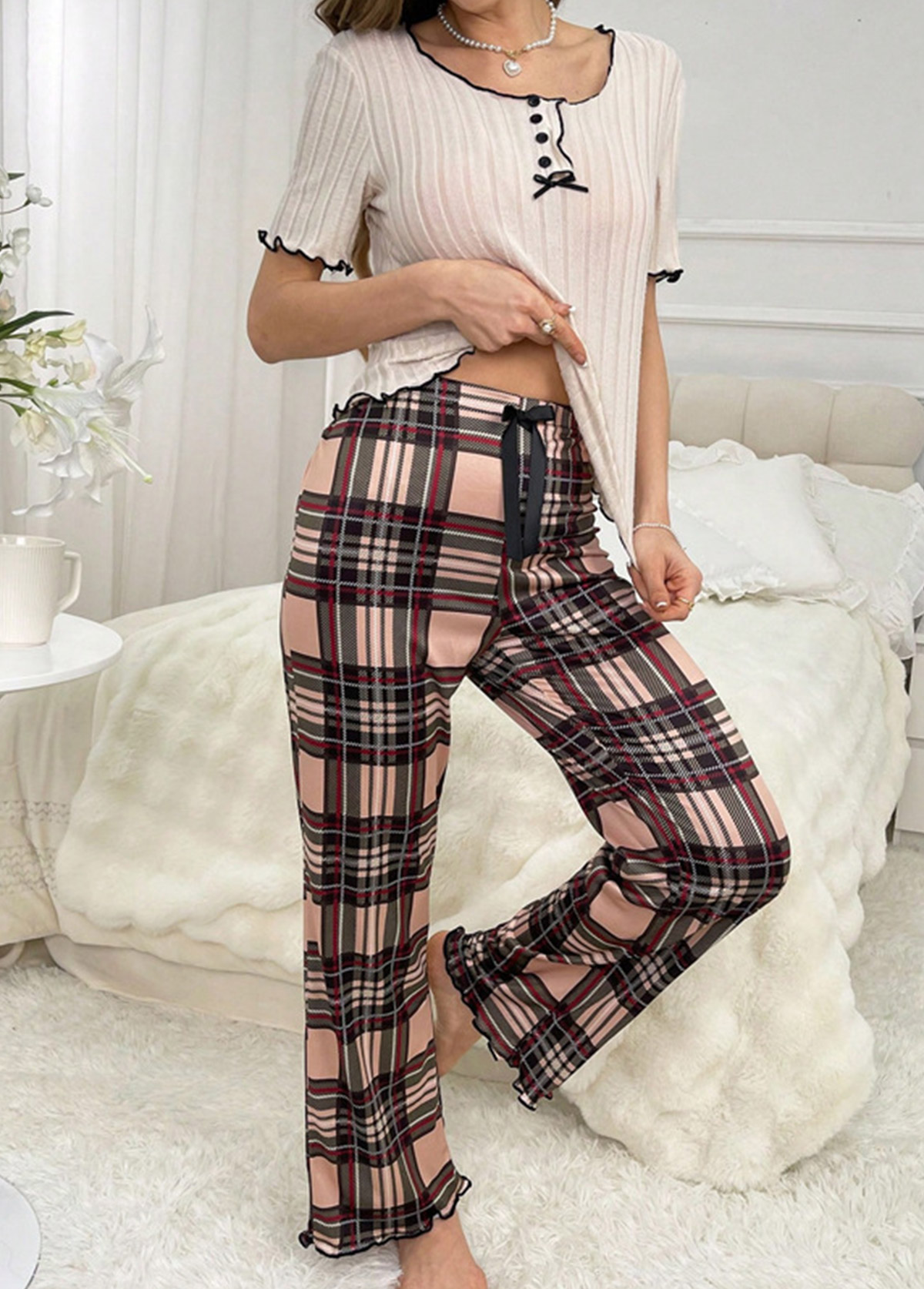 Plaid Light Coffee Round Neck Lounge Top and Pants