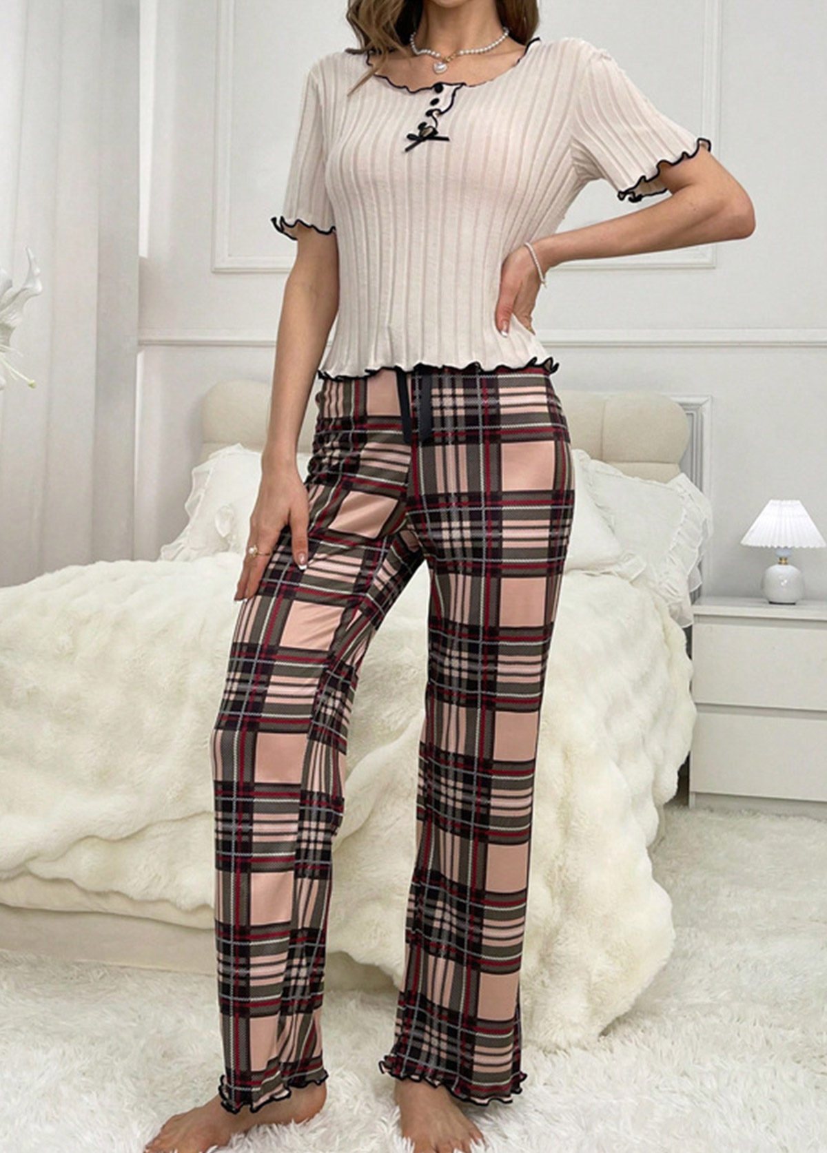 Plaid Light Coffee Round Neck Lounge Top and Pants