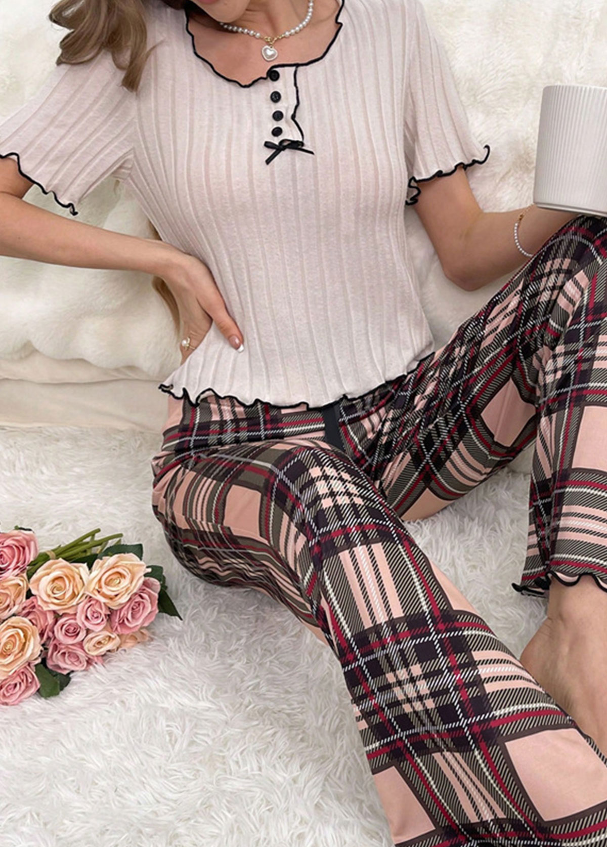 Plaid Light Coffee Round Neck Lounge Top and Pants
