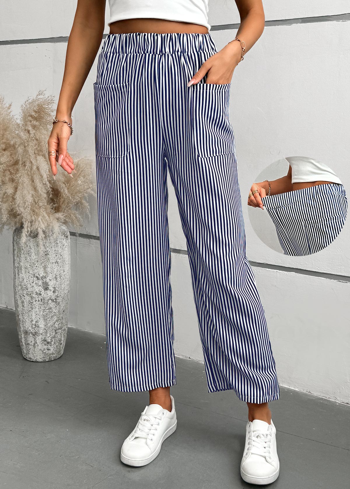 Striped Blue Straight Leg Elastic Waist Mid Waisted Pants