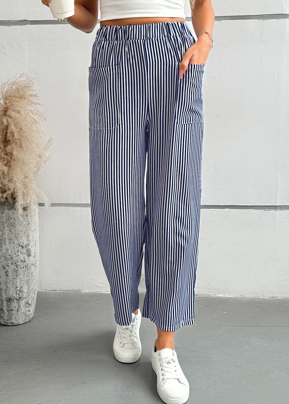 Striped Blue Straight Leg Elastic Waist Mid Waisted Pants