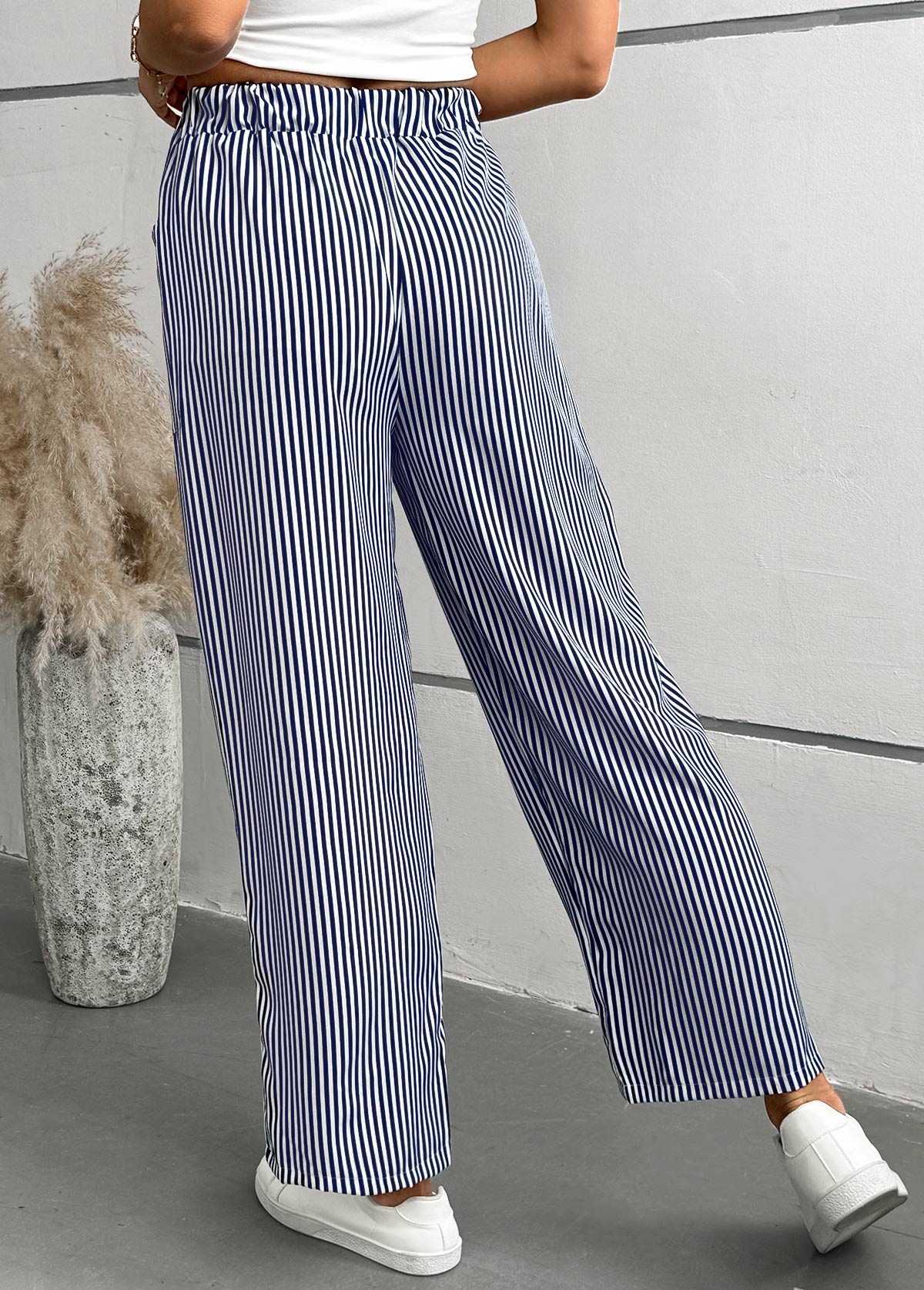 Striped Blue Straight Leg Elastic Waist Mid Waisted Pants