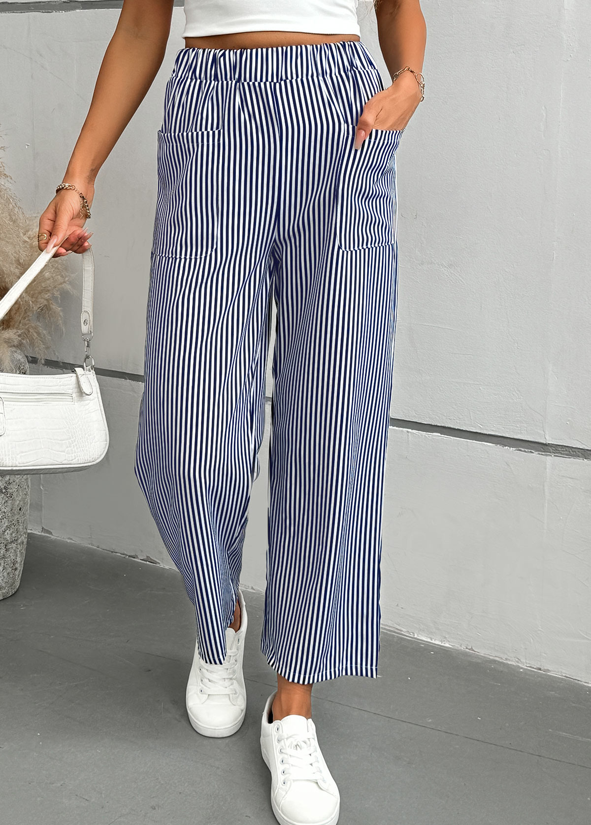 Striped Blue Straight Leg Elastic Waist Mid Waisted Pants