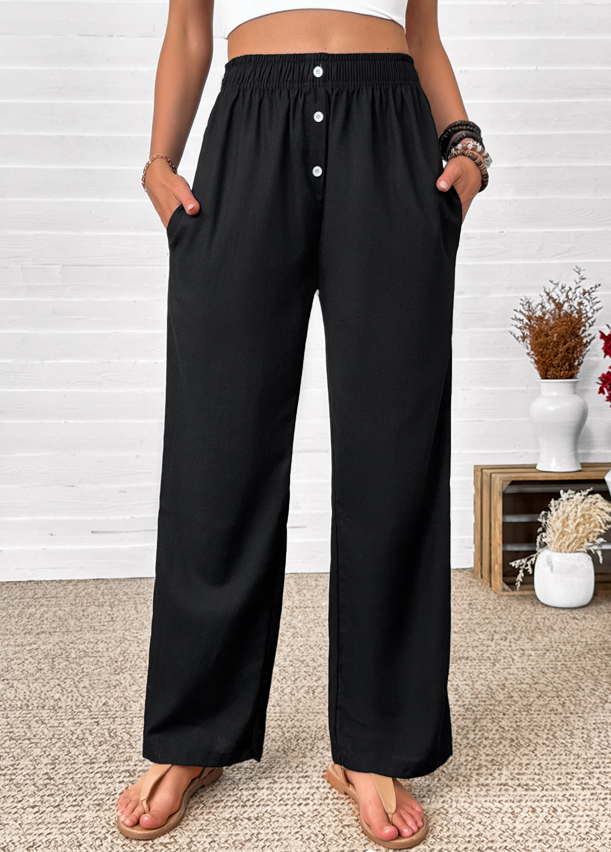 Black Straight Leg Elastic Waist High Waisted Pants
