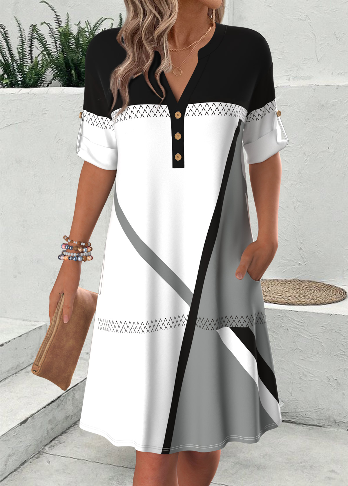 Geometric Print Multi Color Short Sleeve Split Neck Dress