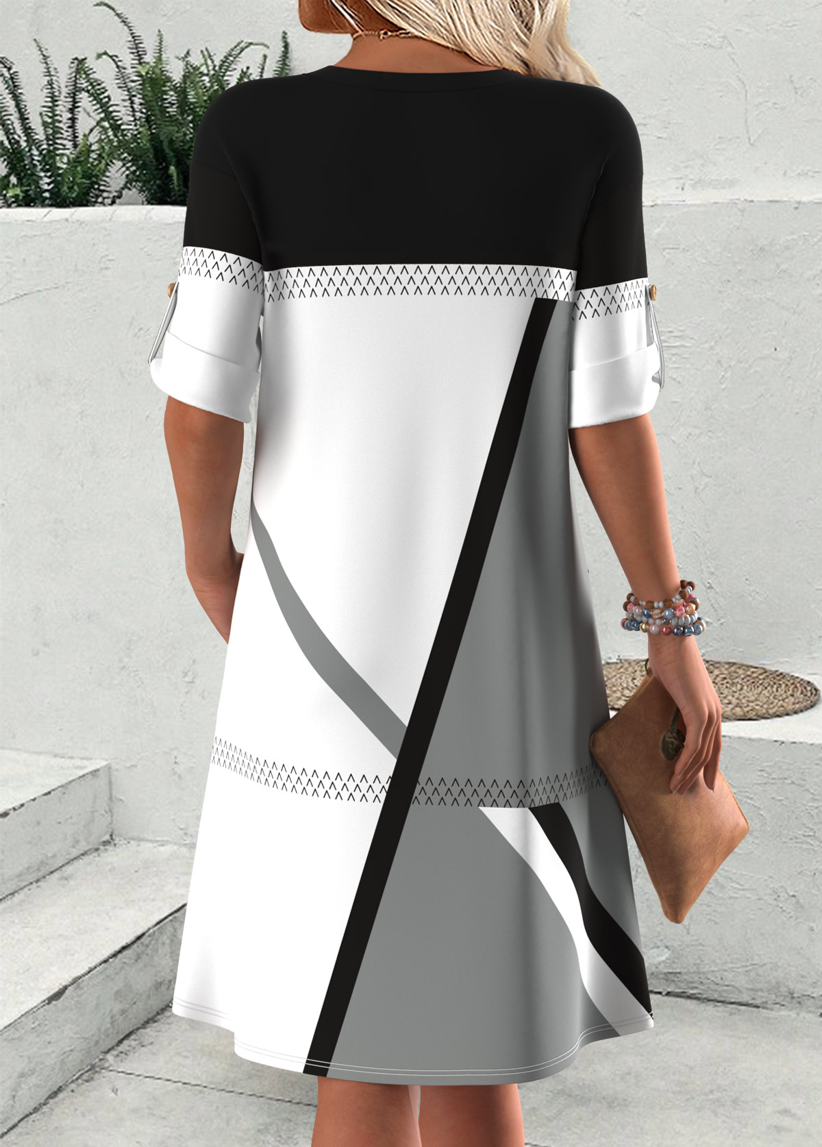 Geometric Print Multi Color Short Sleeve Split Neck Dress