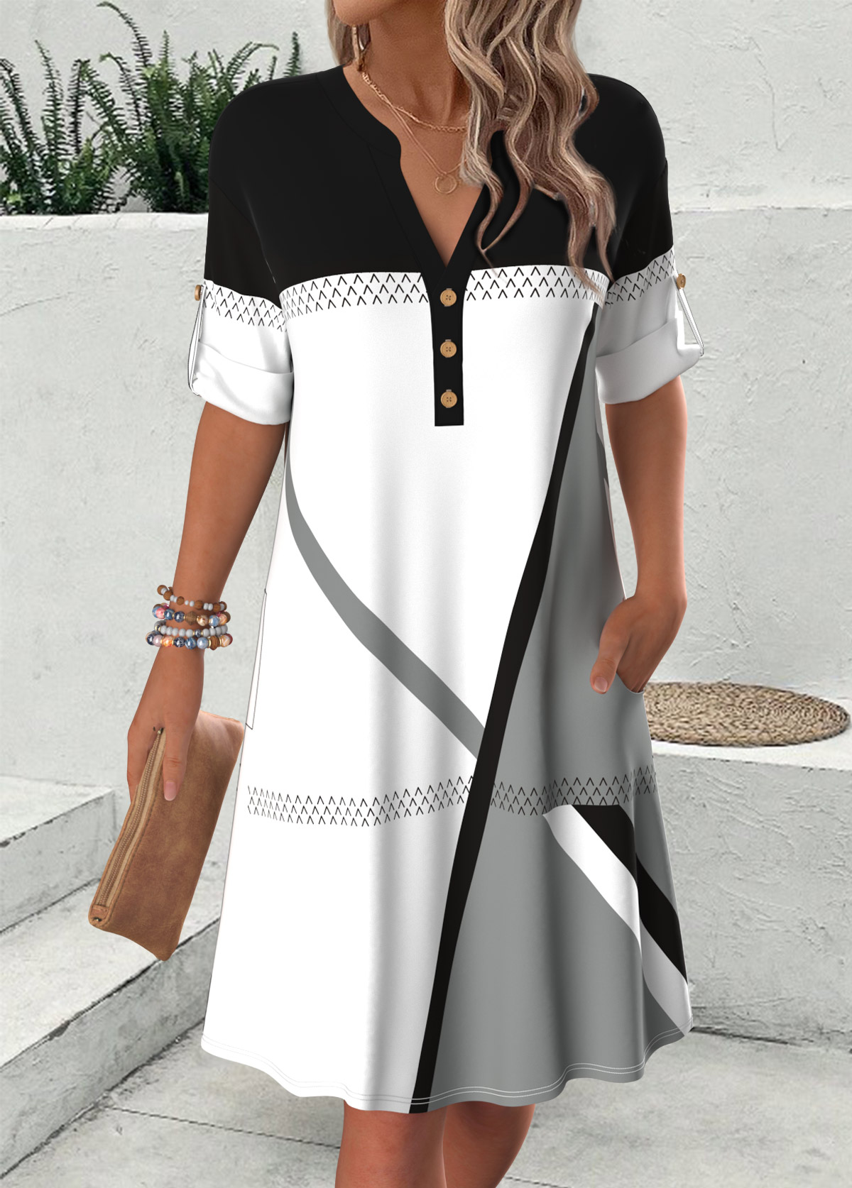 Geometric Print Multi Color Short Sleeve Split Neck Dress