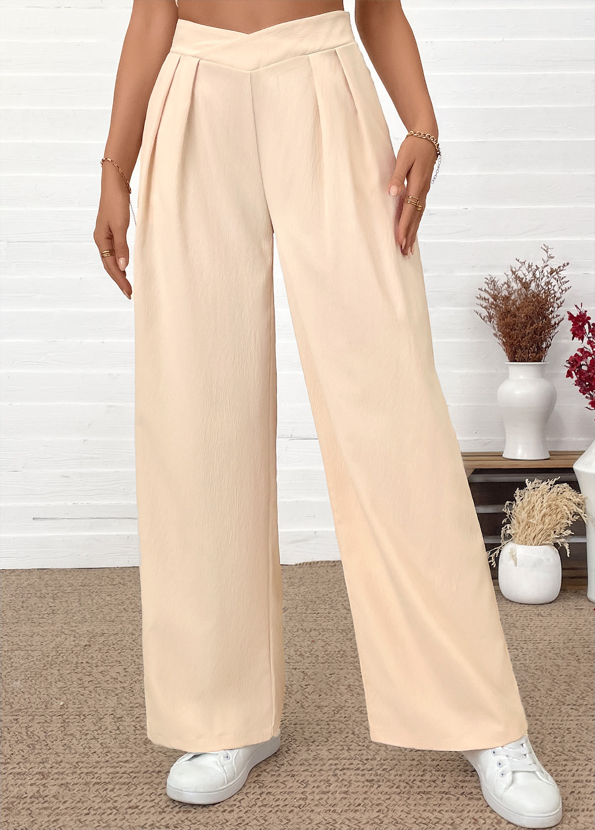 Pocket Beige Wide Leg Elastic Waist High Waisted Pants
