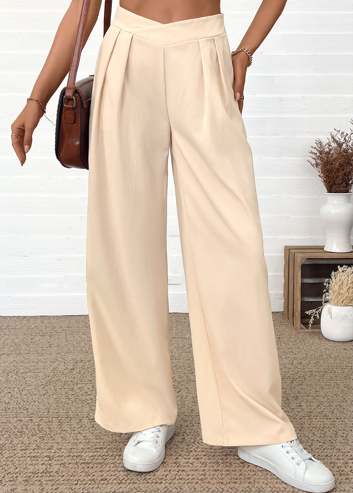 Pocket Beige Wide Leg Elastic Waist High Waisted Pants