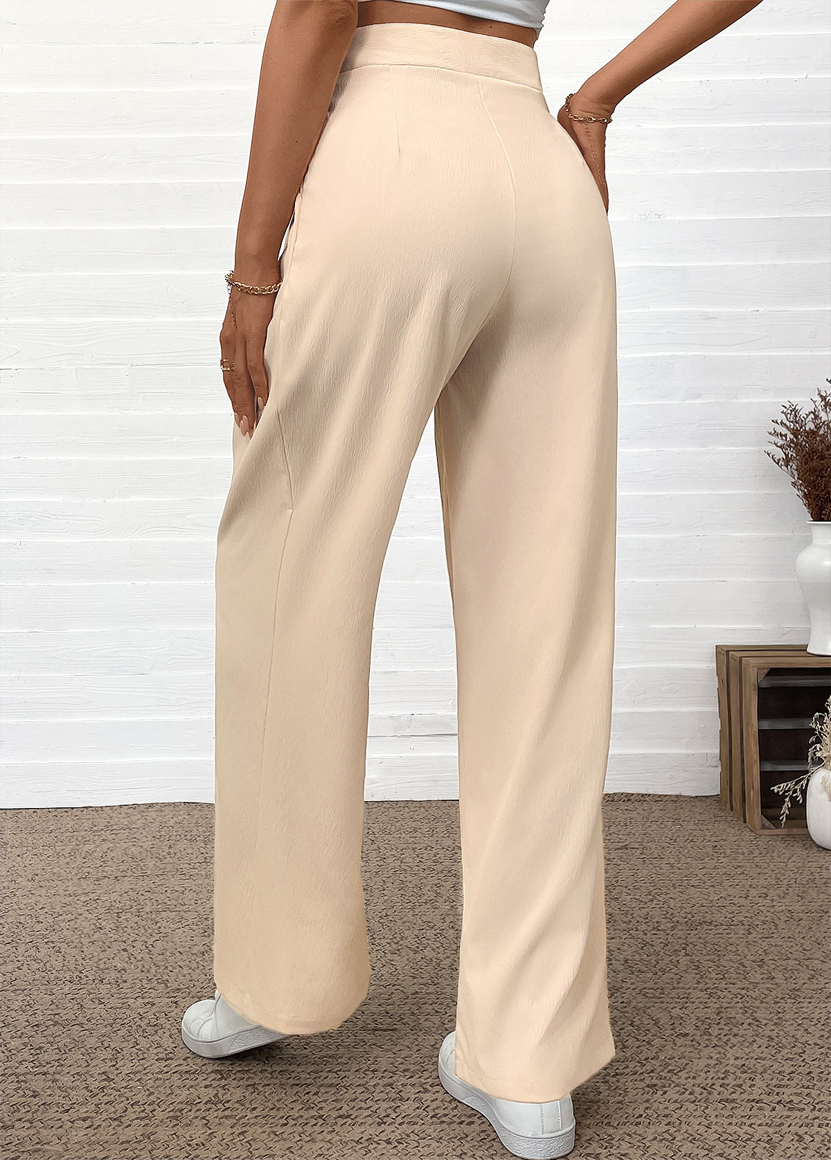Pocket Beige Wide Leg Elastic Waist High Waisted Pants