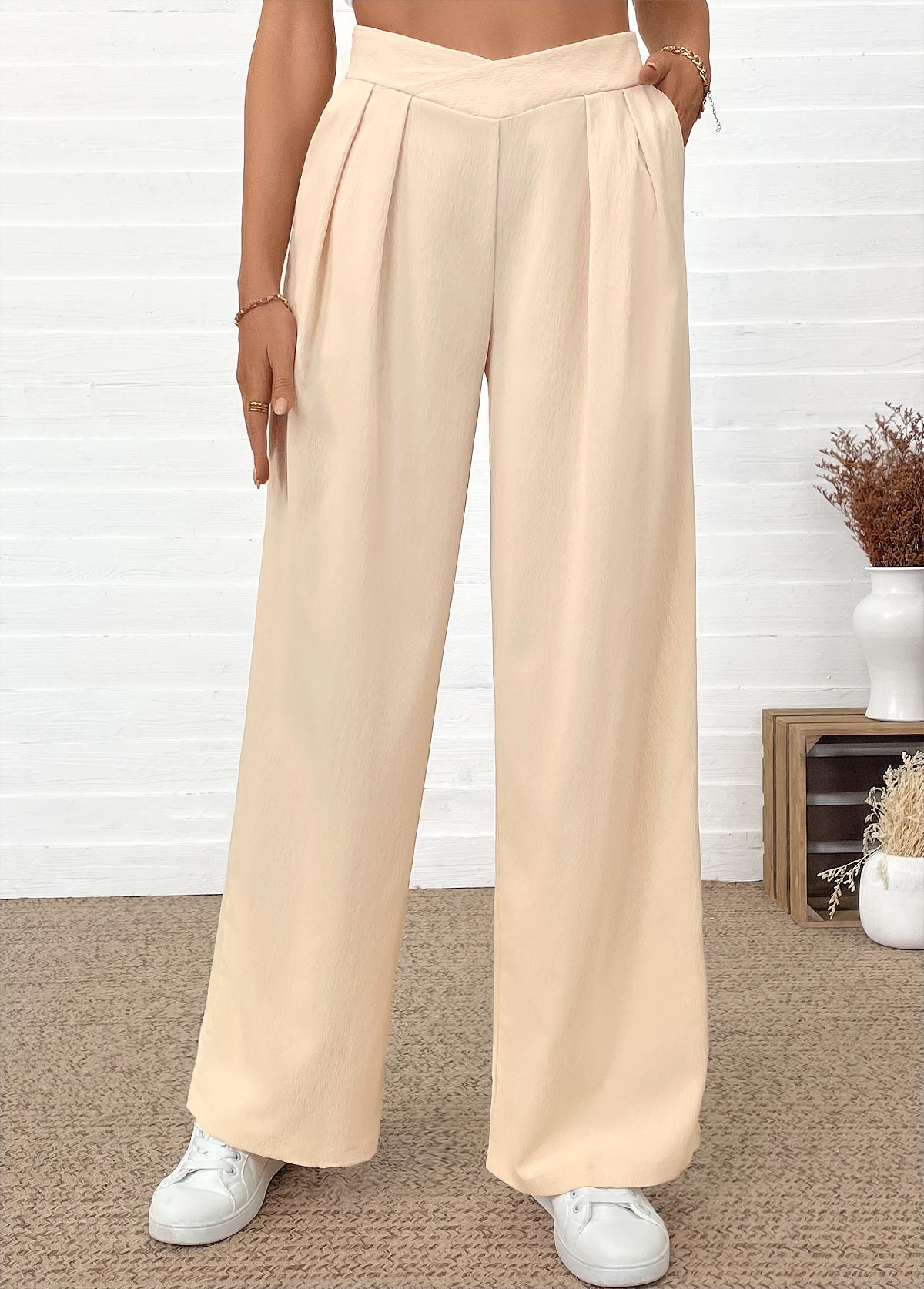 Pocket Beige Wide Leg Elastic Waist High Waisted Pants