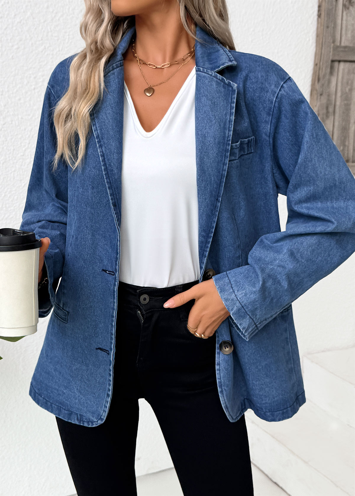 Tummy Coverage Denim Blue Long Sleeve Lapel Coat