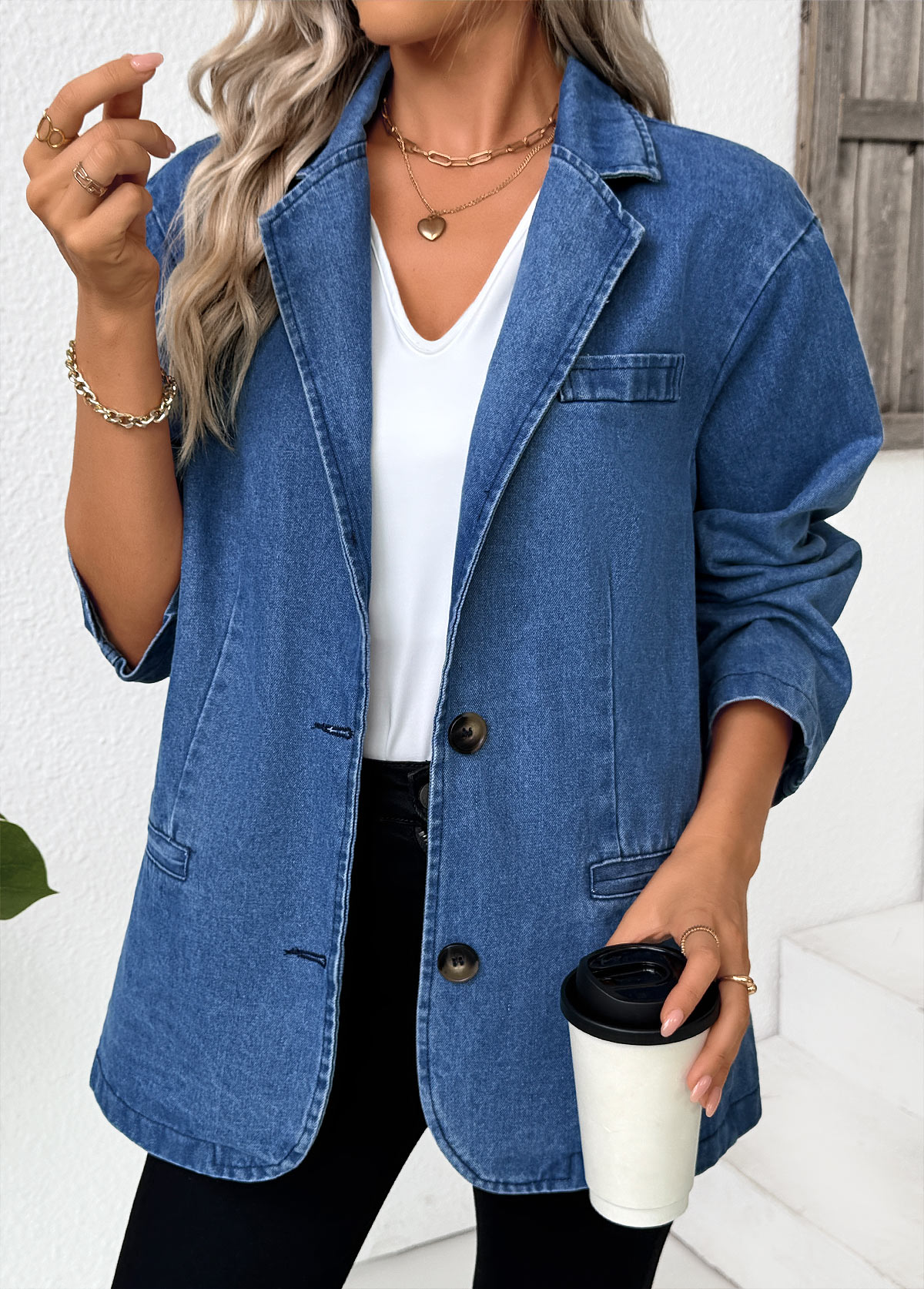 Tummy Coverage Denim Blue Long Sleeve Lapel Coat